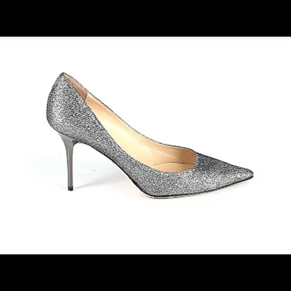 Jimmy Choo Metallic Silver Glitter Fabric Agnes Pointed Toe Pump; size 40.5